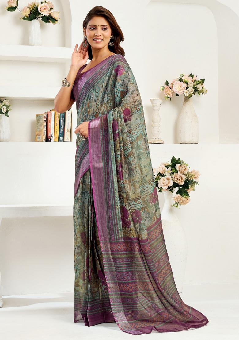 Multicoloured Floral Linen Saree Set - Indya