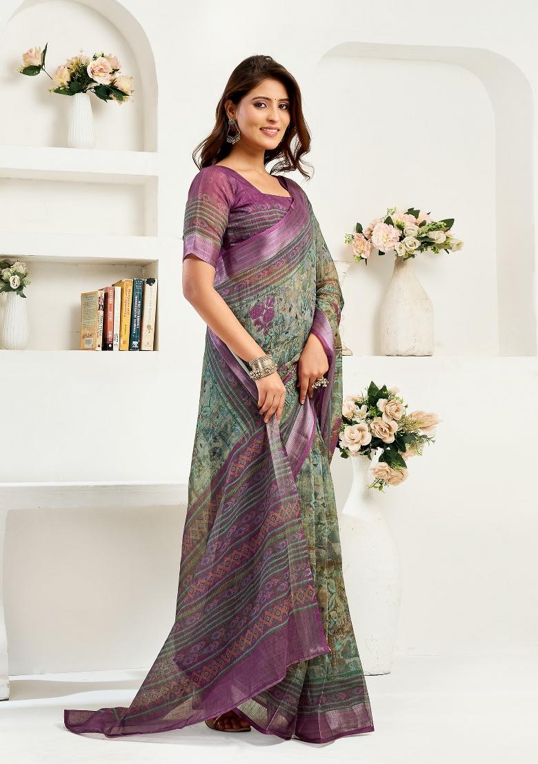 Multicoloured Floral Linen Saree Set - Indya