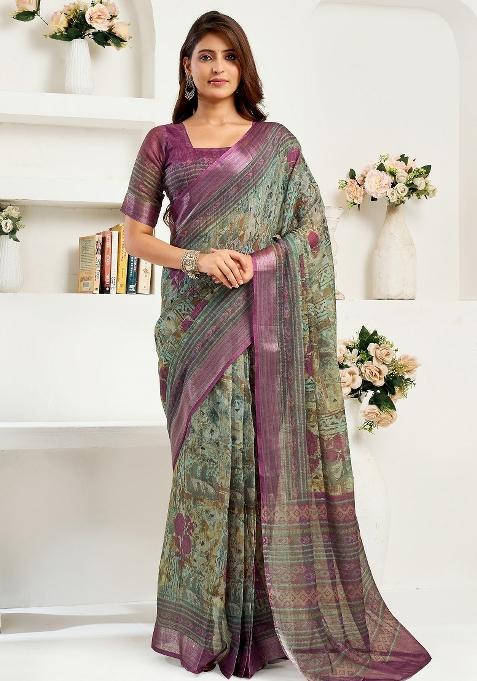 Multicoloured Floral Linen Saree Set