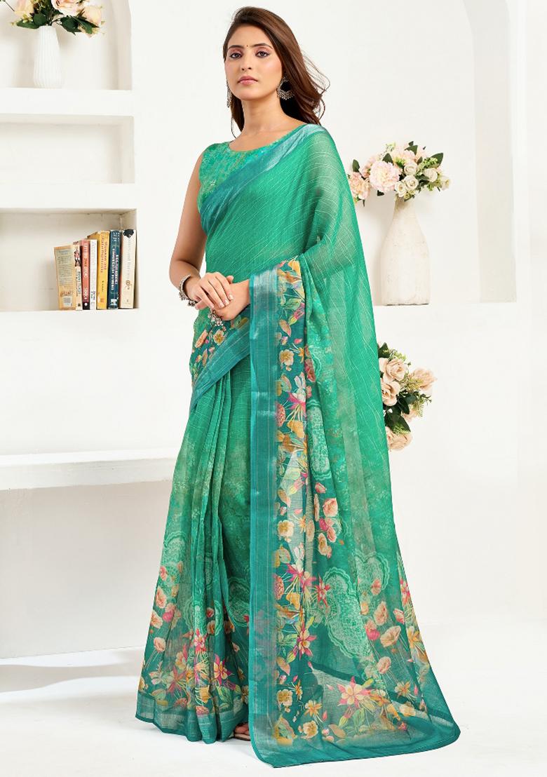 Rama Green Floral Linen Saree Set - Indya