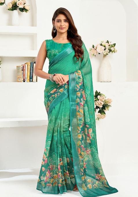 Rama Green Floral Linen Saree Set