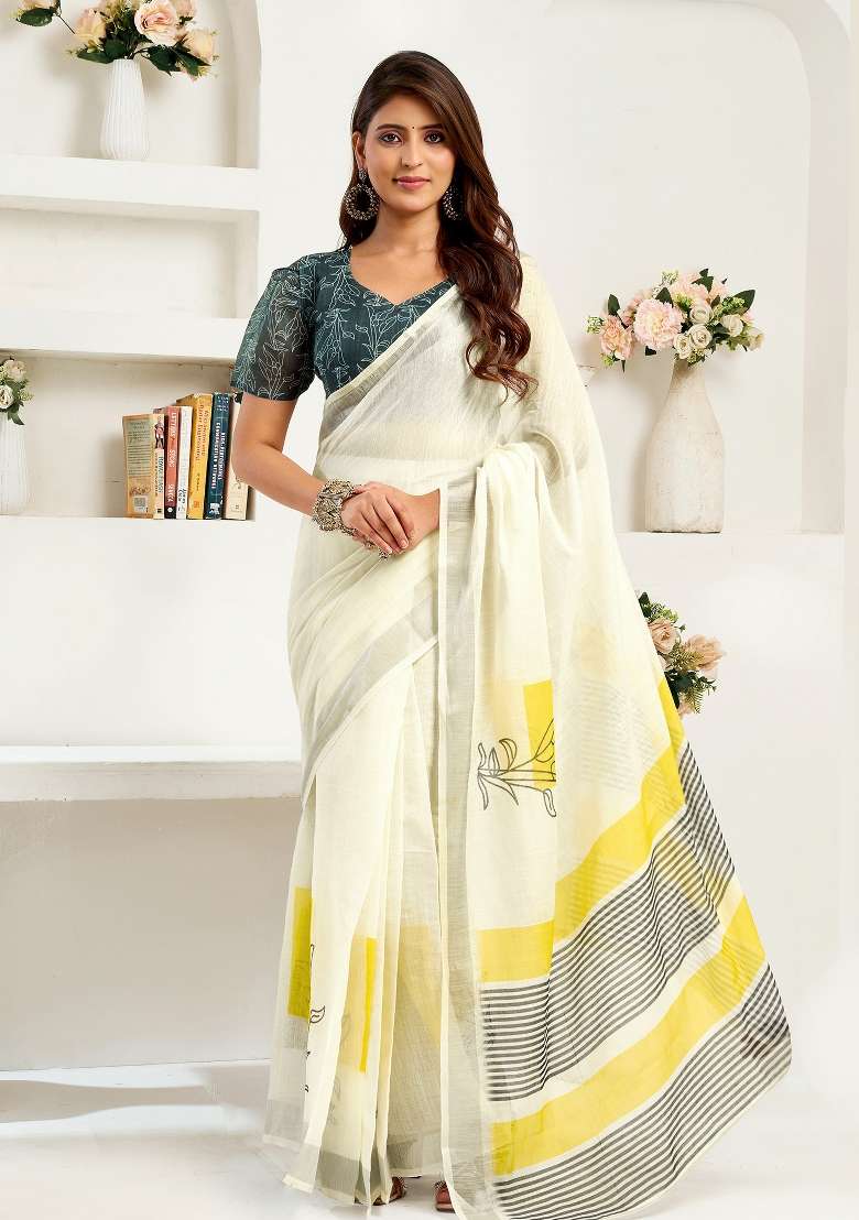 Off-White Striped Linen Saree Set for Diwali | Wedding & Festive Wear - Indya