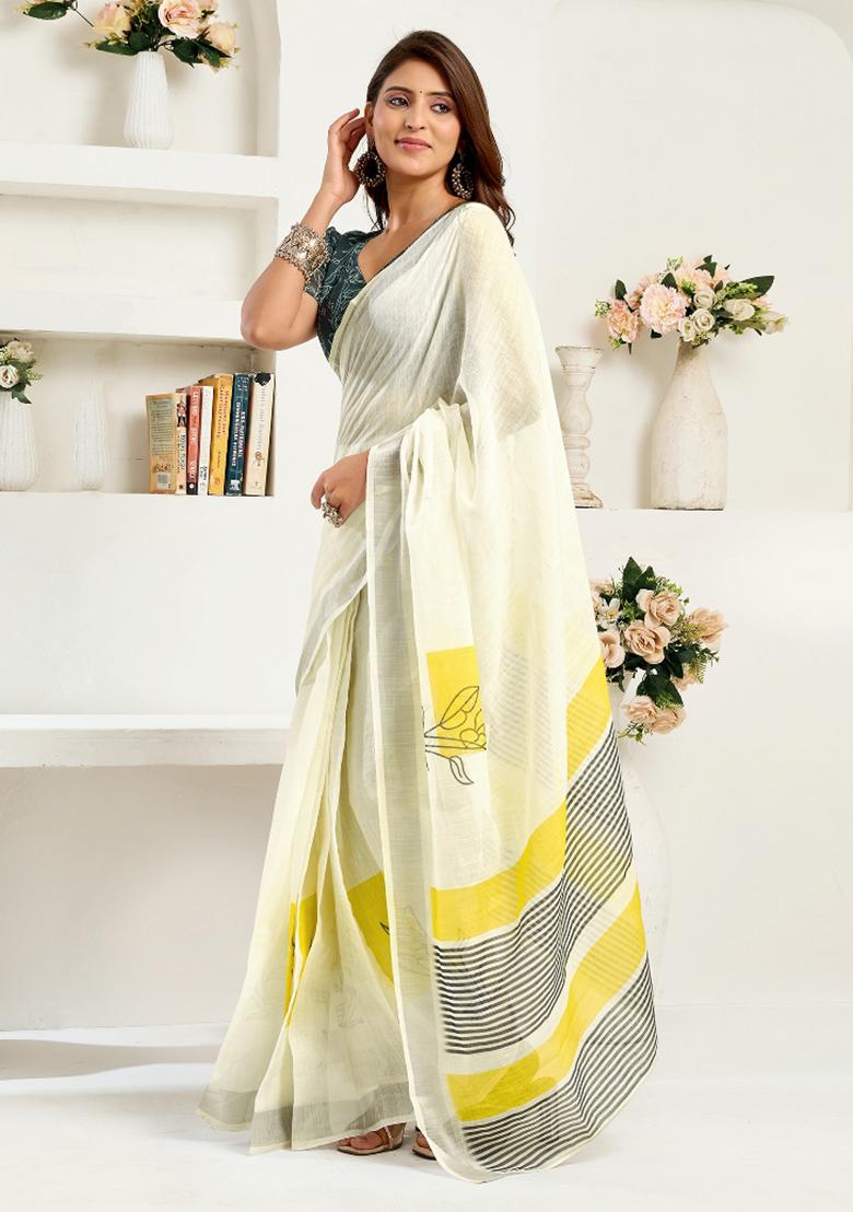 Off-White Striped Linen Saree Set - Indya