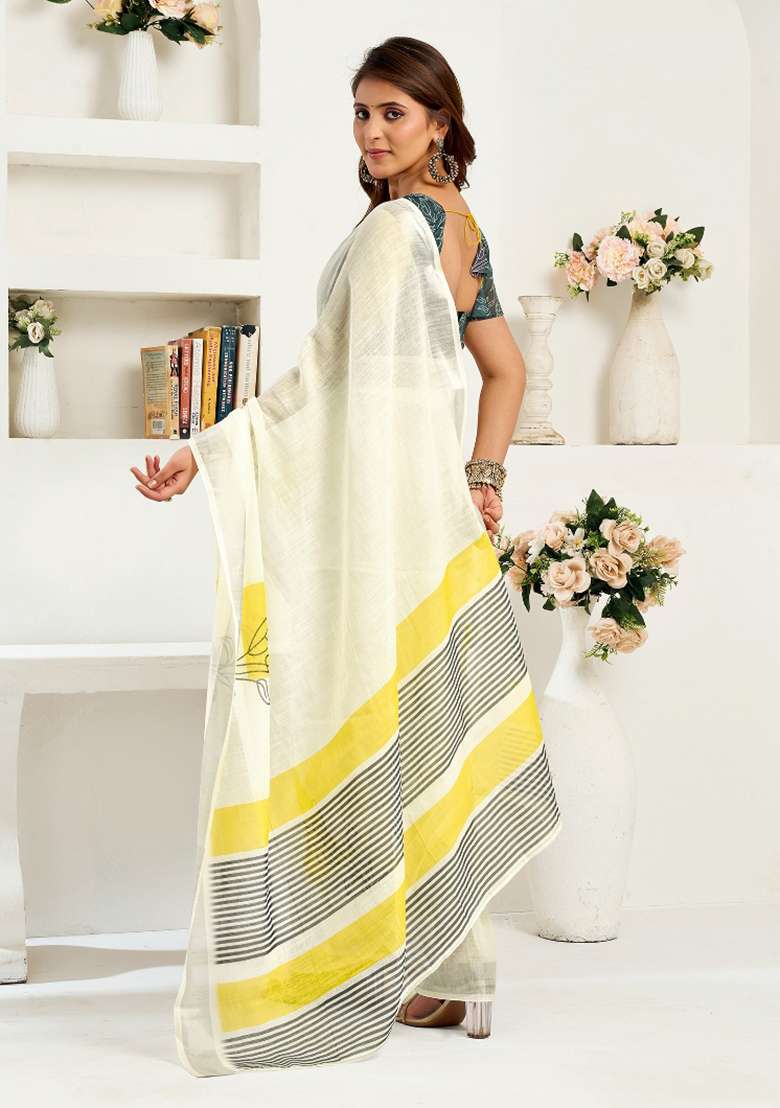 Off-White Striped Linen Saree Set for Diwali | Wedding & Festive Wear - Indya