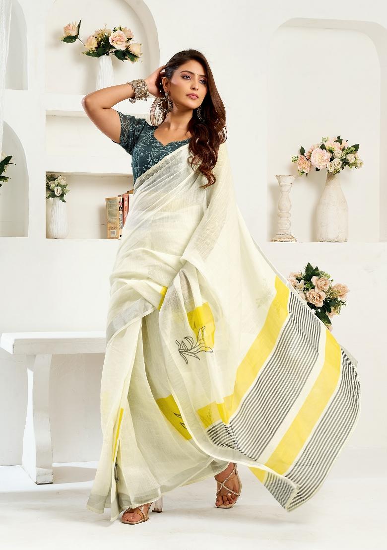 Off-White Striped Linen Saree Set - Indya