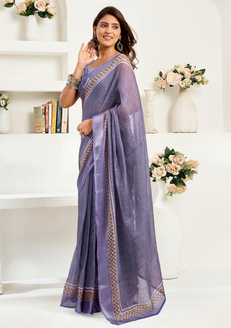 Lavender Striped Linen Saree Set - Indya