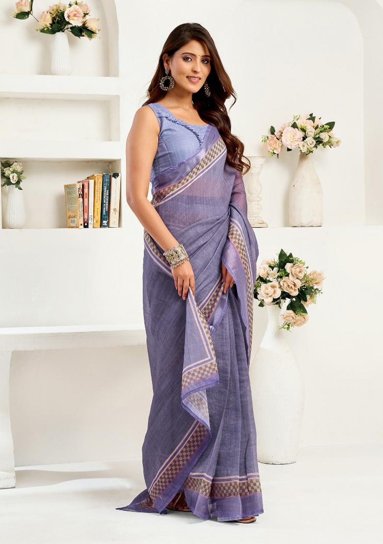 Lavender Striped Linen Saree Set - Indya