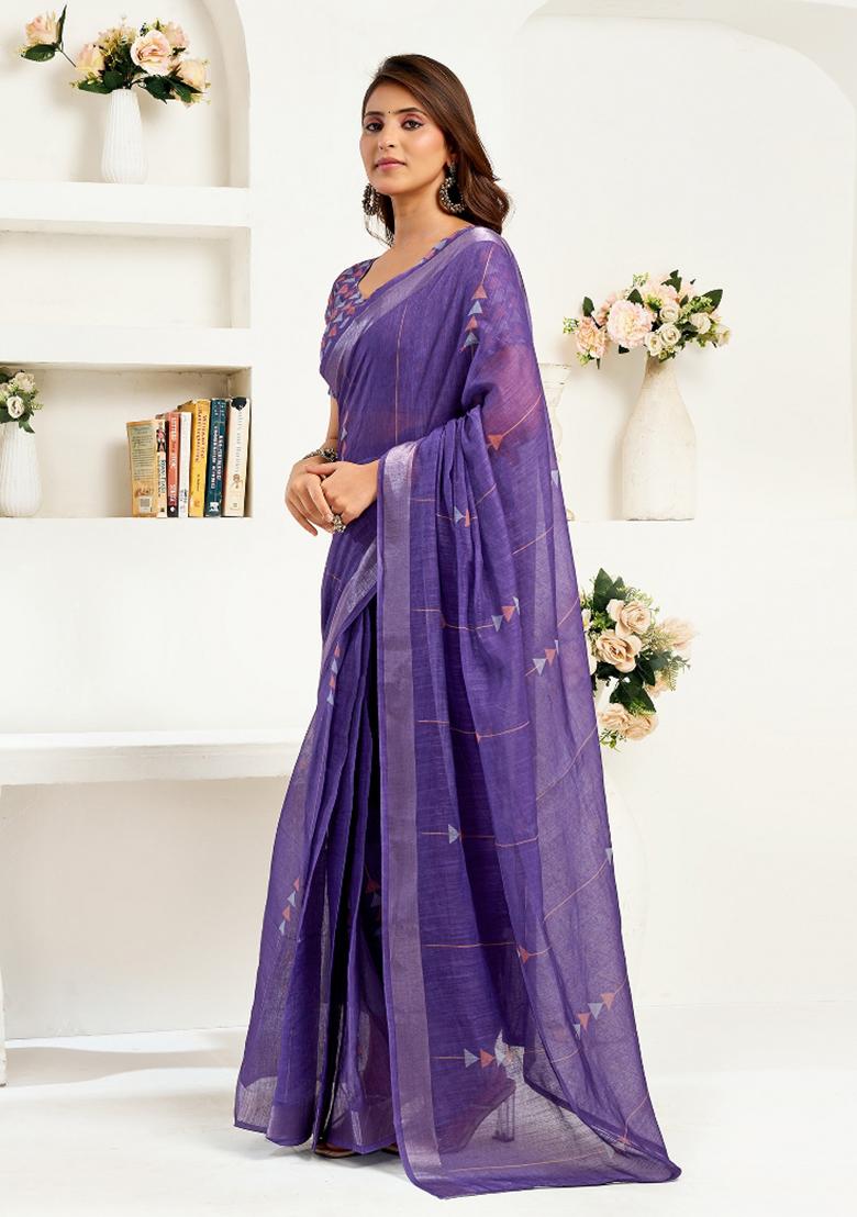 Purple Geomatric Linen Saree Set - Indya