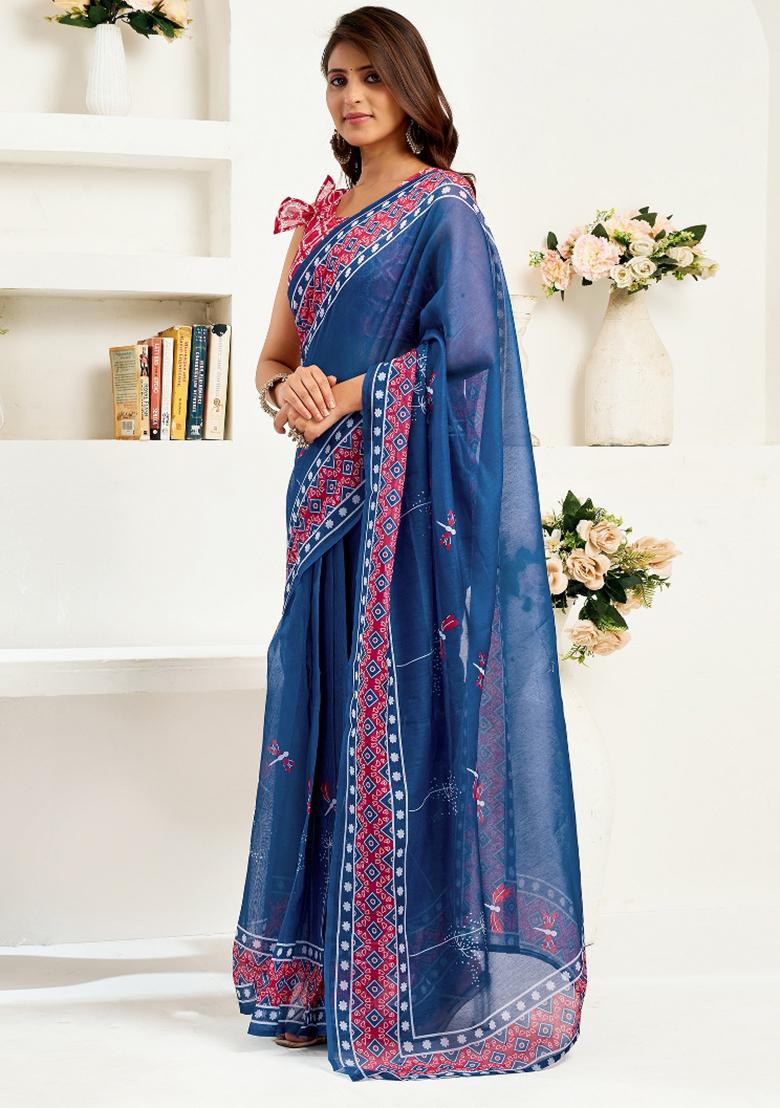 Navy Blue Kalamkari Linen Saree Set - Indya