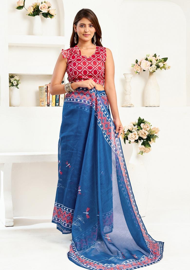 Navy Blue Kalamkari Linen Saree Set - Indya