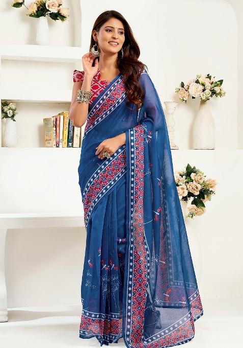 Navy Blue Kalamkari Linen Saree Set