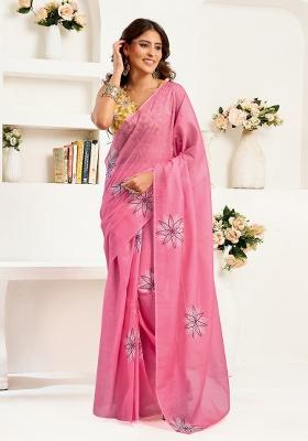 Baby Pink Geomatric Linen Saree Set