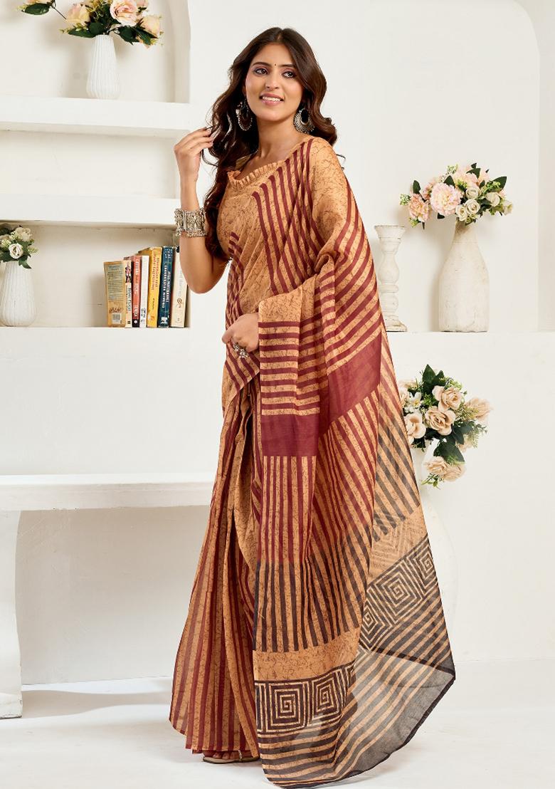 Caramel Striped Linen Saree Set - Indya