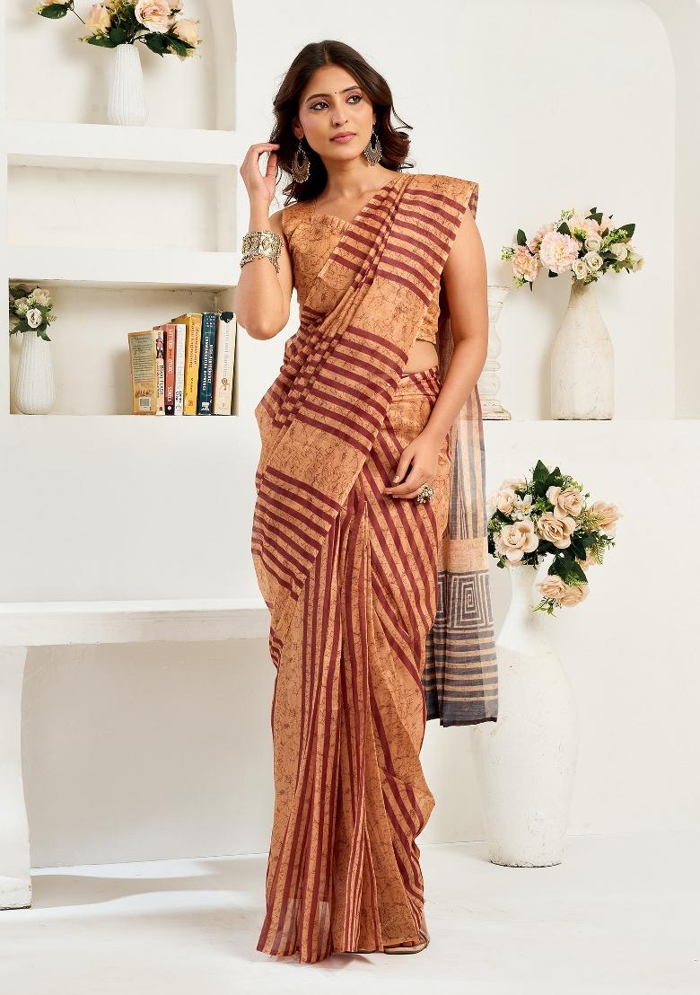 Caramel Striped Linen Saree Set - Indya