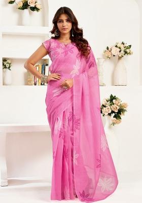 Pink Floral Linen Saree Set
