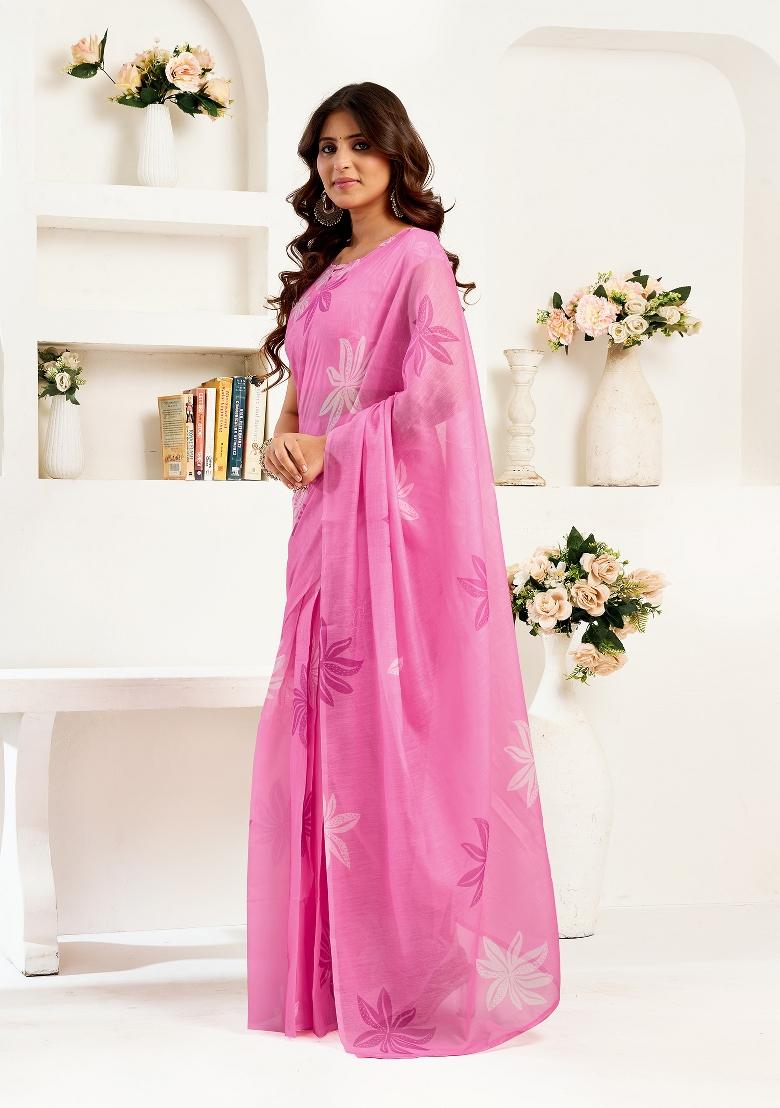 Pink Floral Linen Saree Set - Indya