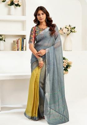Grey&nbsp; Striped Linen Saree Set
