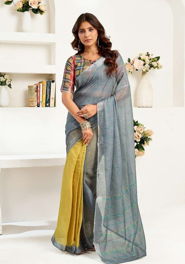 Grey Striped Linen Saree Set for Diwali | Wedding & Festive Wear - Indya