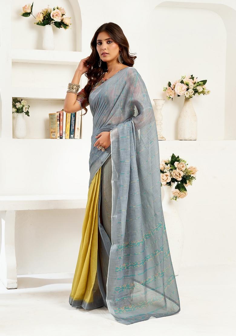 Grey&nbsp; Striped Linen Saree Set - Indya