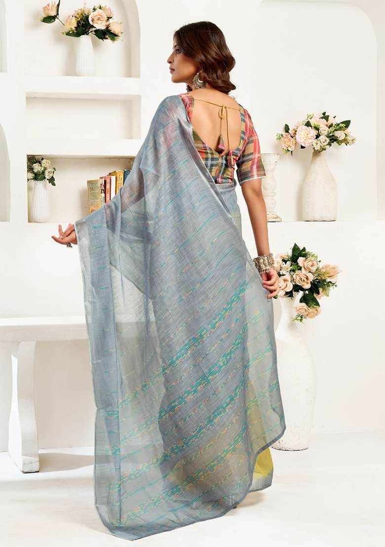 Grey Striped Linen Saree Set for Diwali | Wedding & Festive Wear - Indya