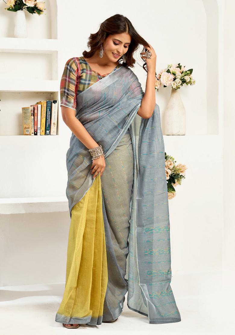 Grey&nbsp; Striped Linen Saree Set - Indya