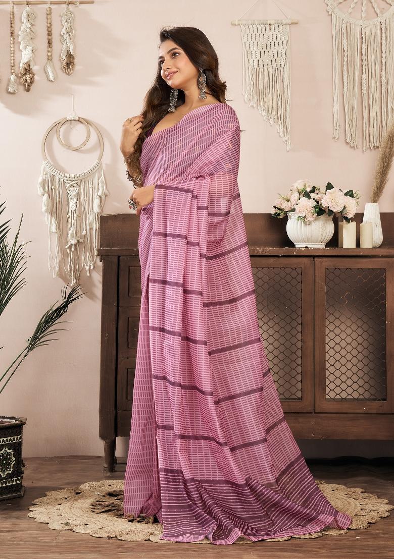 Coral Pink Paisley And Geomatric Linen Saree Set - Indya