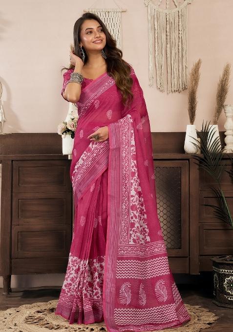 Pink Floral Linen Saree Set