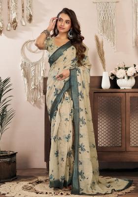 Beige Floral Linen Saree Set
