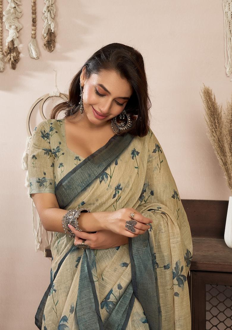 Beige Floral Linen Saree Set - Indya