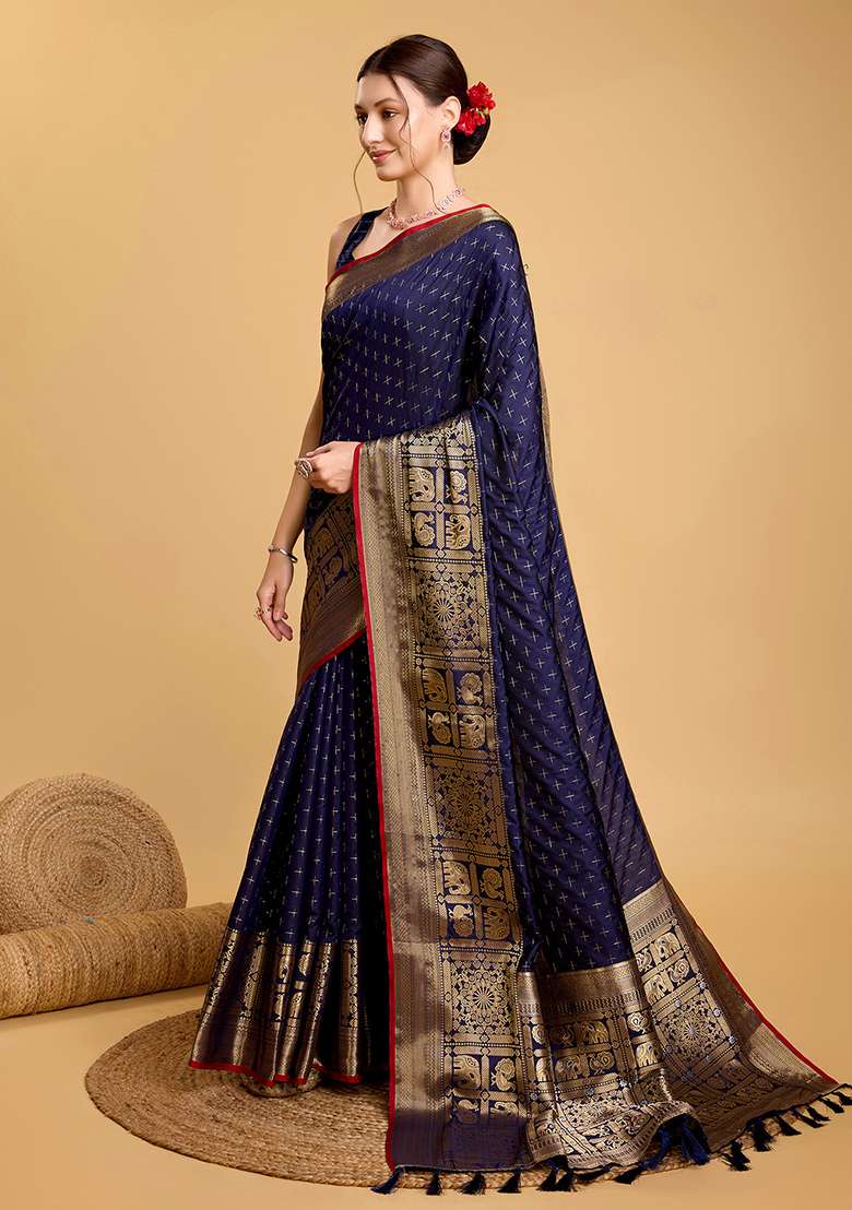 Navy Blue Silk Blend Saree Set with Zari Work for Diwali | Wedding & Festive Wear - Indya