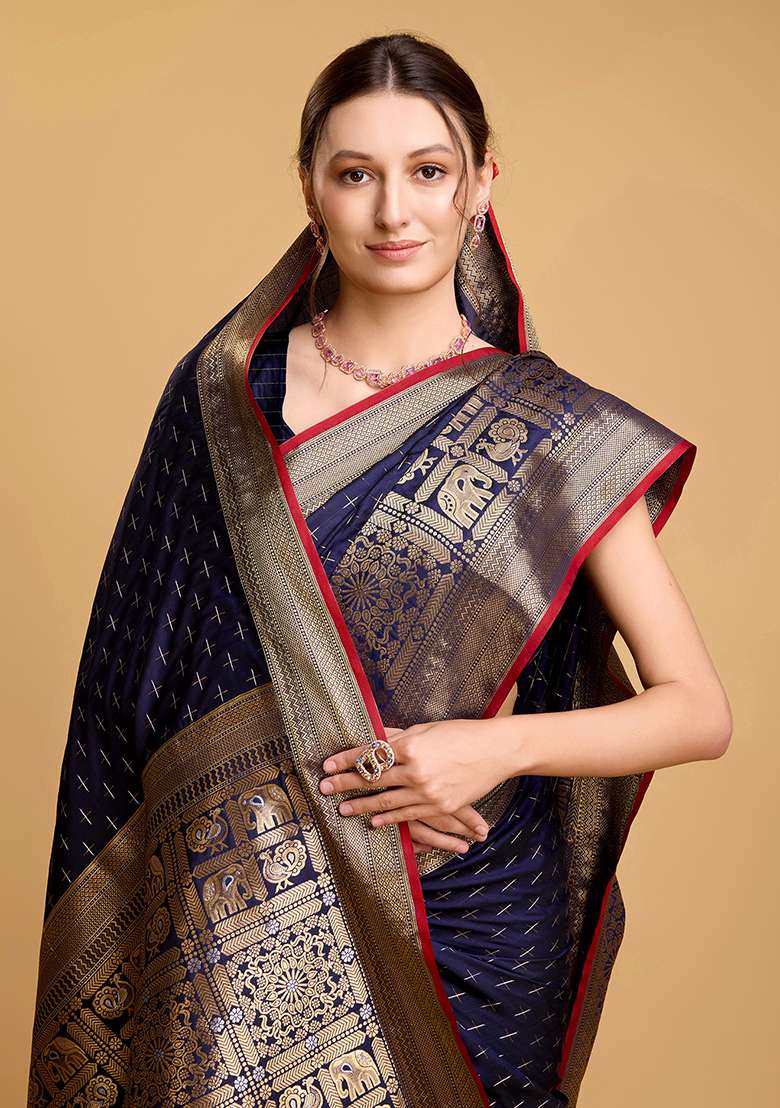 Navy Blue Silk Blend Saree Set with Zari Work for Diwali | Wedding & Festive Wear - Indya