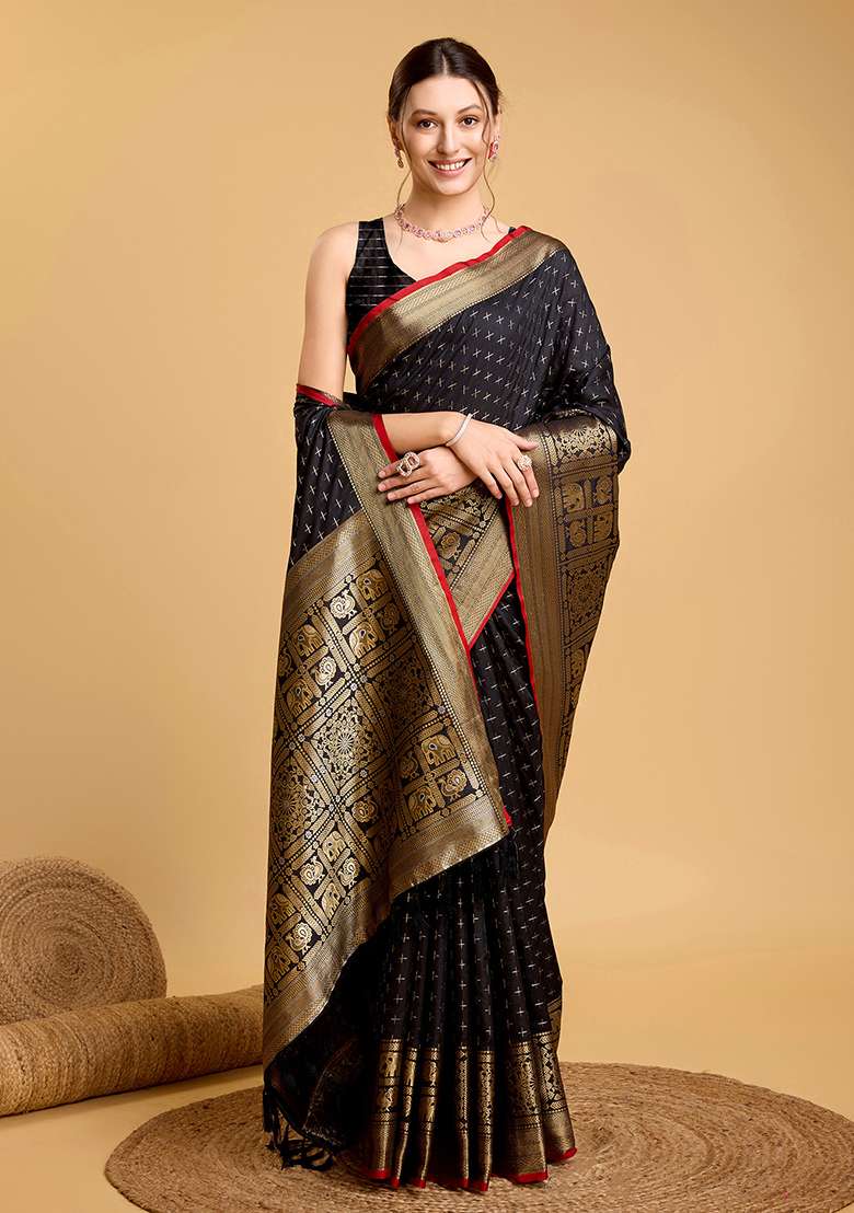 Black Zari Work Silk Blend Saree Set for Diwali and Festive Wear - Indya
