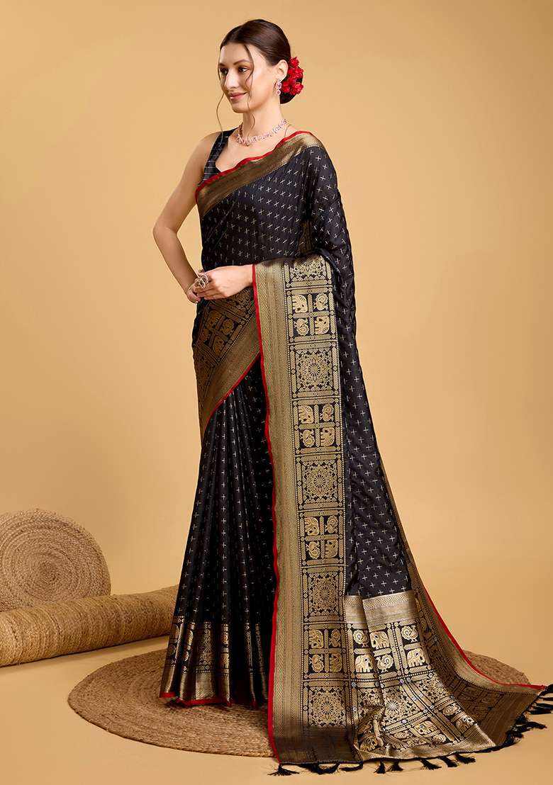 Black Zari Work Silk Blend Saree Set for Diwali and Festive Wear - Indya