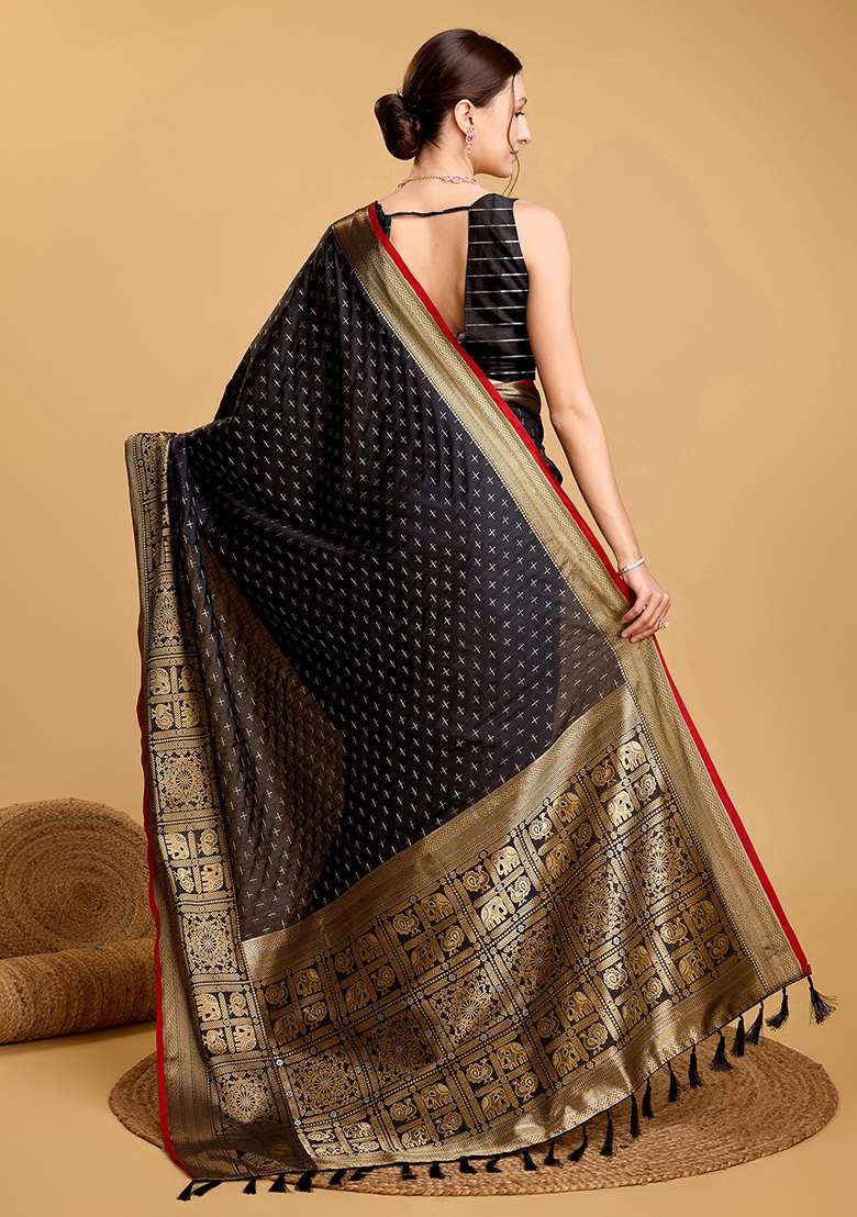 Black Zari Work Silk Blend Saree Set for Diwali and Festive Wear - Indya