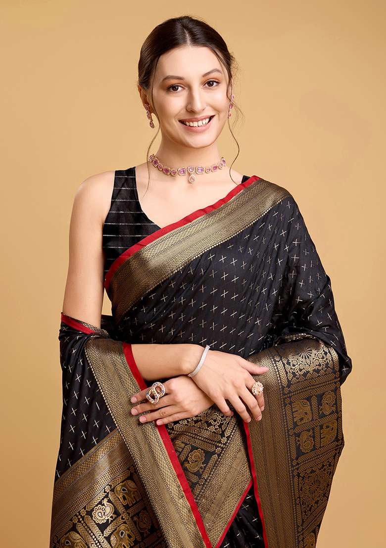 Black Zari Work Silk Blend Saree Set for Diwali and Festive Wear - Indya