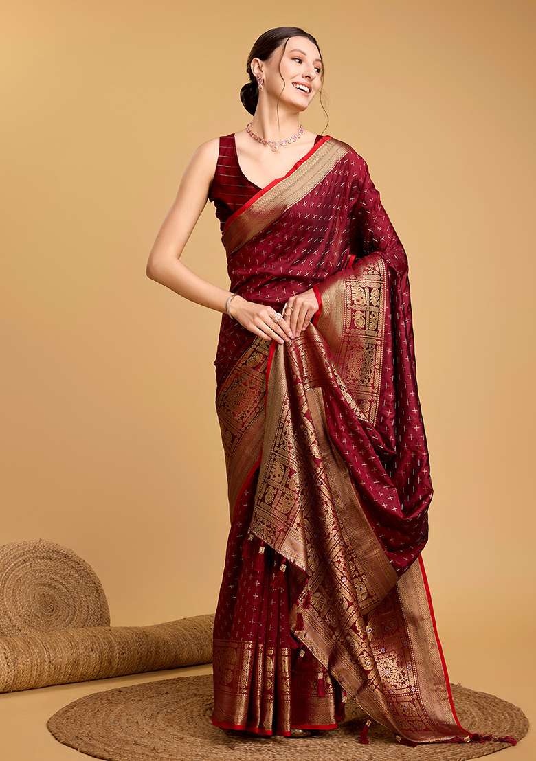 Maroon Zari Work Silk Blend Saree Set for Diwali and Festive Wear - Indya