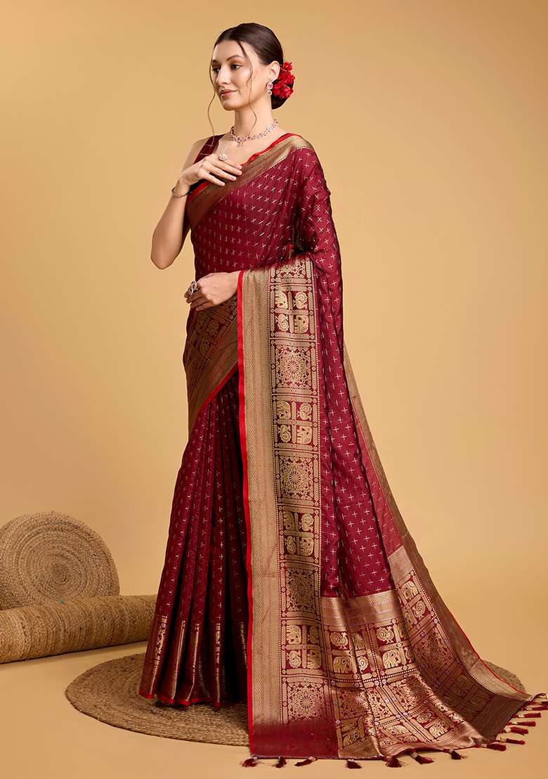 Maroon Zari Work Silk Blend Saree Set for Diwali and Festive Wear - Indya