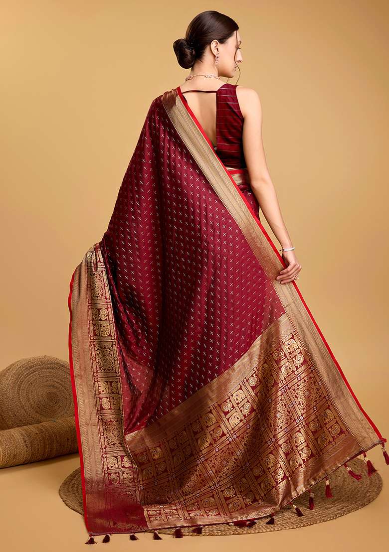 Maroon Zari Work Silk Blend Saree Set for Diwali and Festive Wear - Indya