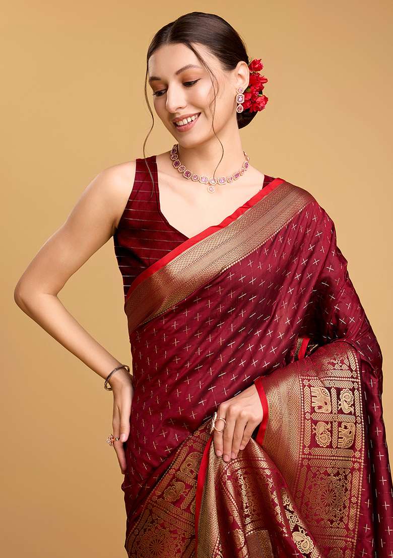 Maroon Zari Work Silk Blend Saree Set for Diwali and Festive Wear - Indya