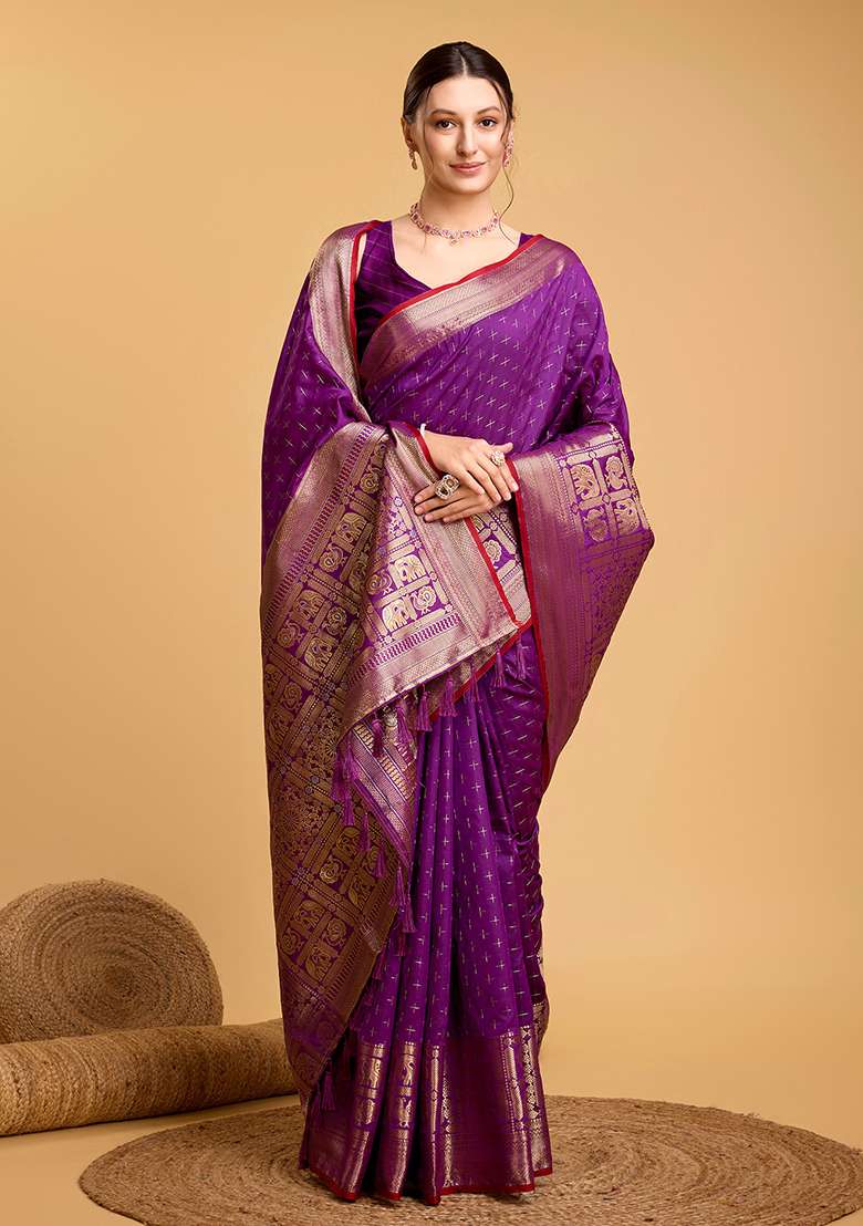 Purple Silk Blend Saree Set with Zari Work for Diwali | Wedding & Festive Wear - Indya