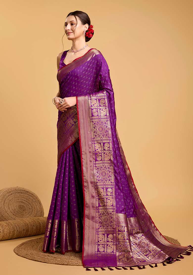 Purple Silk Blend Saree Set with Zari Work for Diwali | Wedding & Festive Wear - Indya