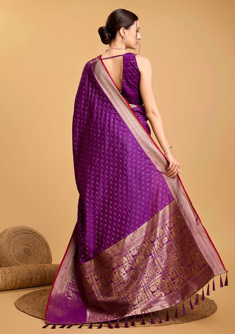 Purple Silk Blend Saree Set with Zari Work for Diwali | Wedding & Festive Wear - Indya
