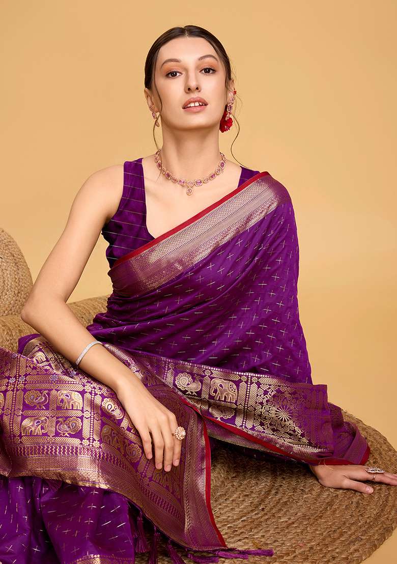 Purple Silk Blend Saree Set with Zari Work for Diwali | Wedding & Festive Wear - Indya