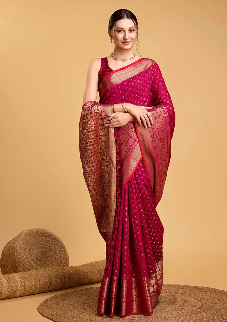 Pink Zari Work Silk Blend Saree Set for Diwali and Festive Wear - Indya