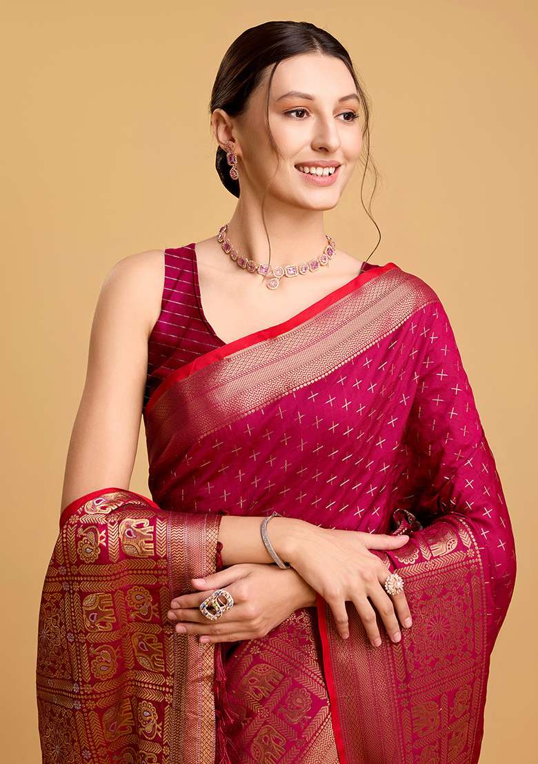 Pink Zari Work Silk Blend Saree Set for Diwali and Festive Wear - Indya