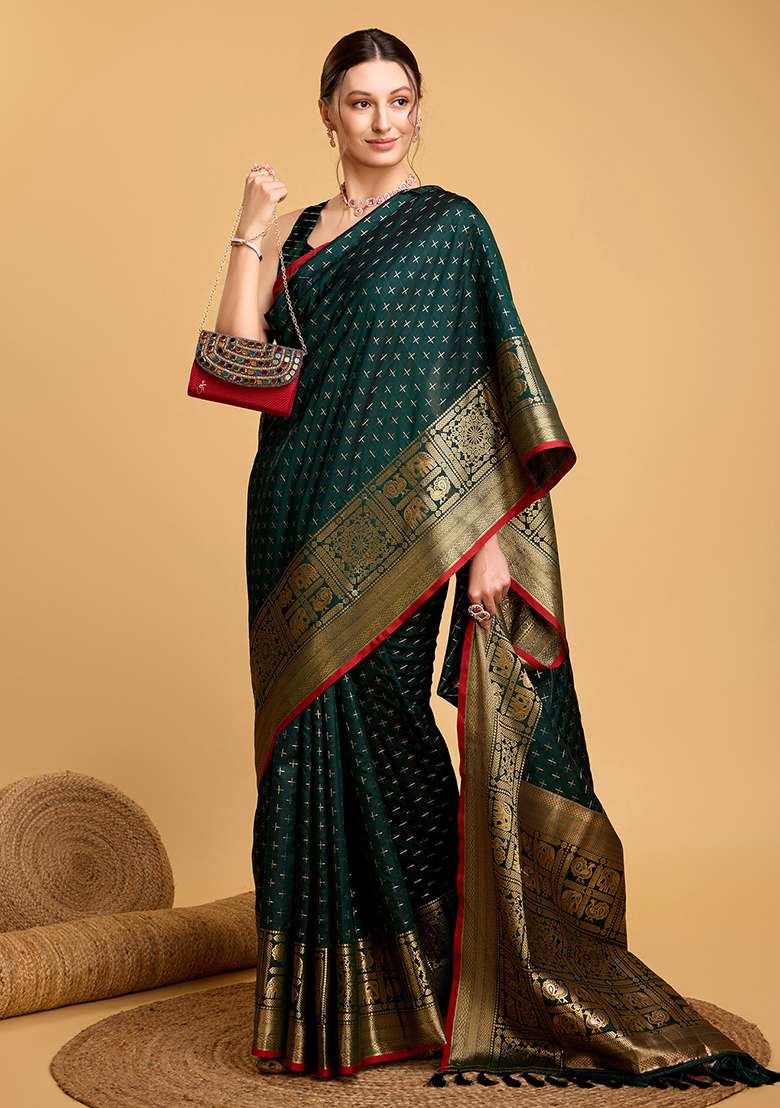 Green Zari Work Silk Blend Saree Set for Diwali and Festive Wear - Indya