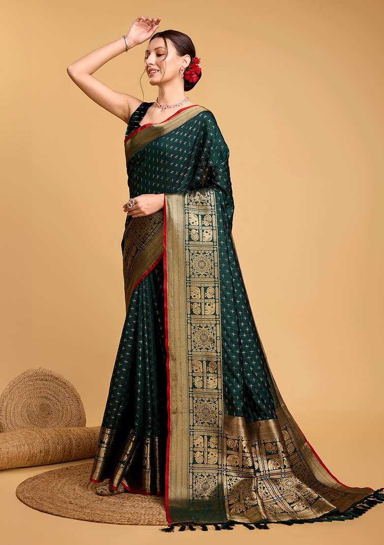 Green Zari Work Silk Blend Saree Set for Diwali and Festive Wear - Indya