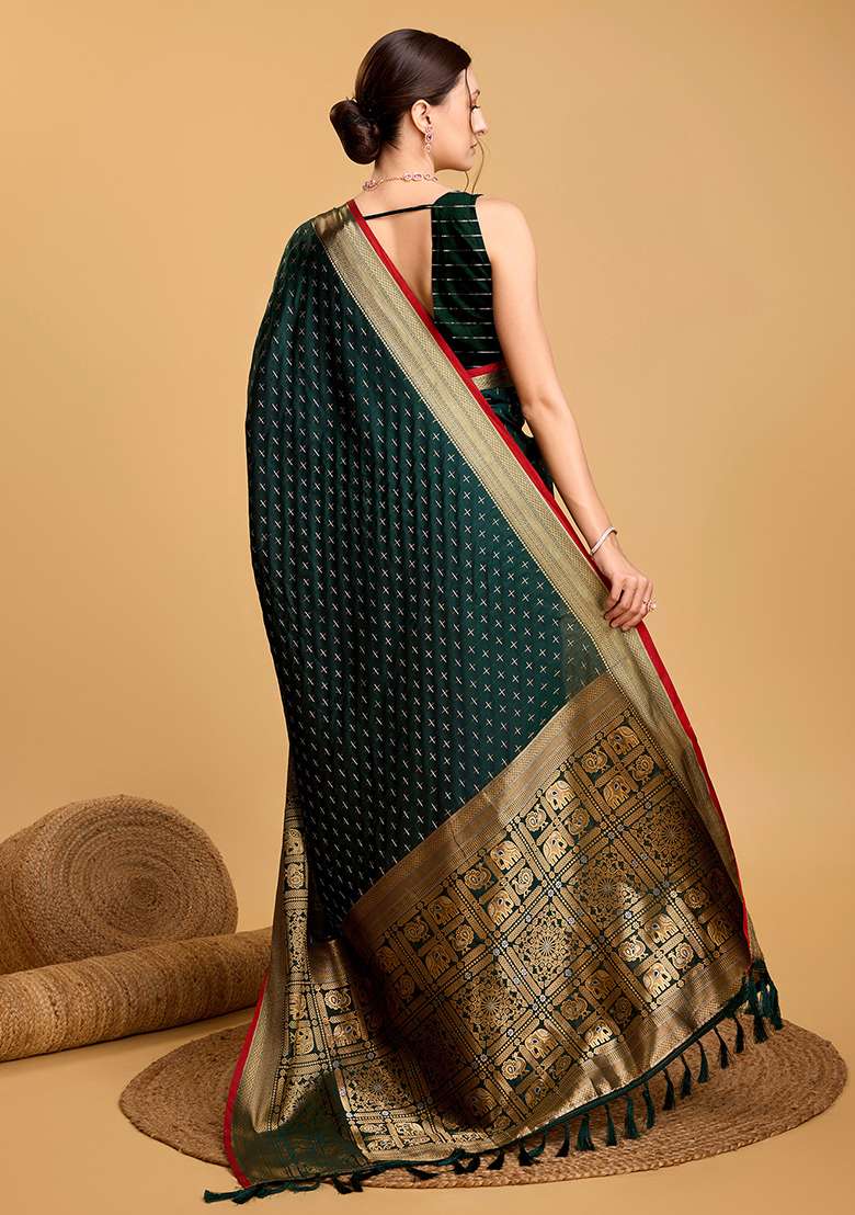 Green Zari Work Silk Blend Saree Set for Diwali and Festive Wear - Indya
