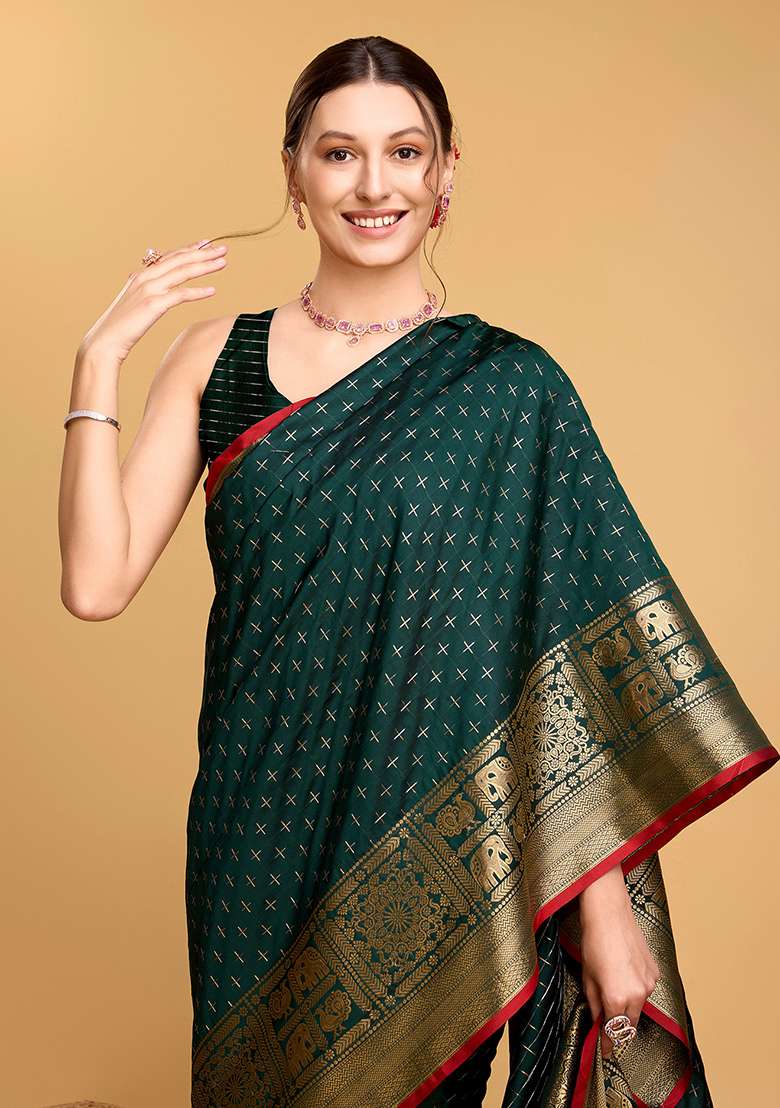 Green Zari Work Silk Blend Saree Set for Diwali and Festive Wear - Indya
