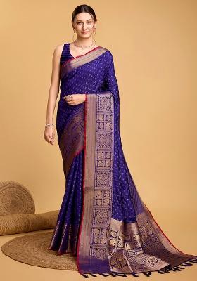 Blue Zari Work Silk Blend Saree Set